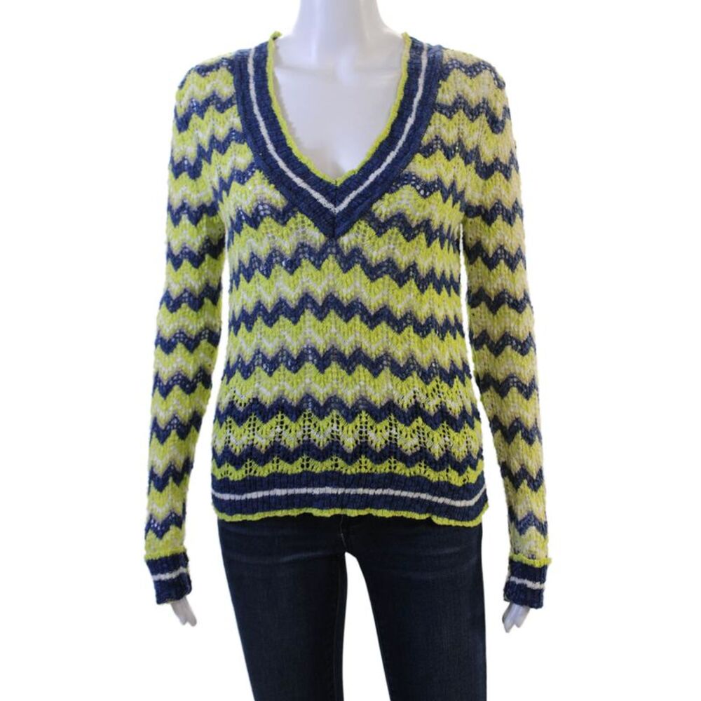Charlotte Ronson Womens Dark Blue Geometric V-Neck Pullover Size S